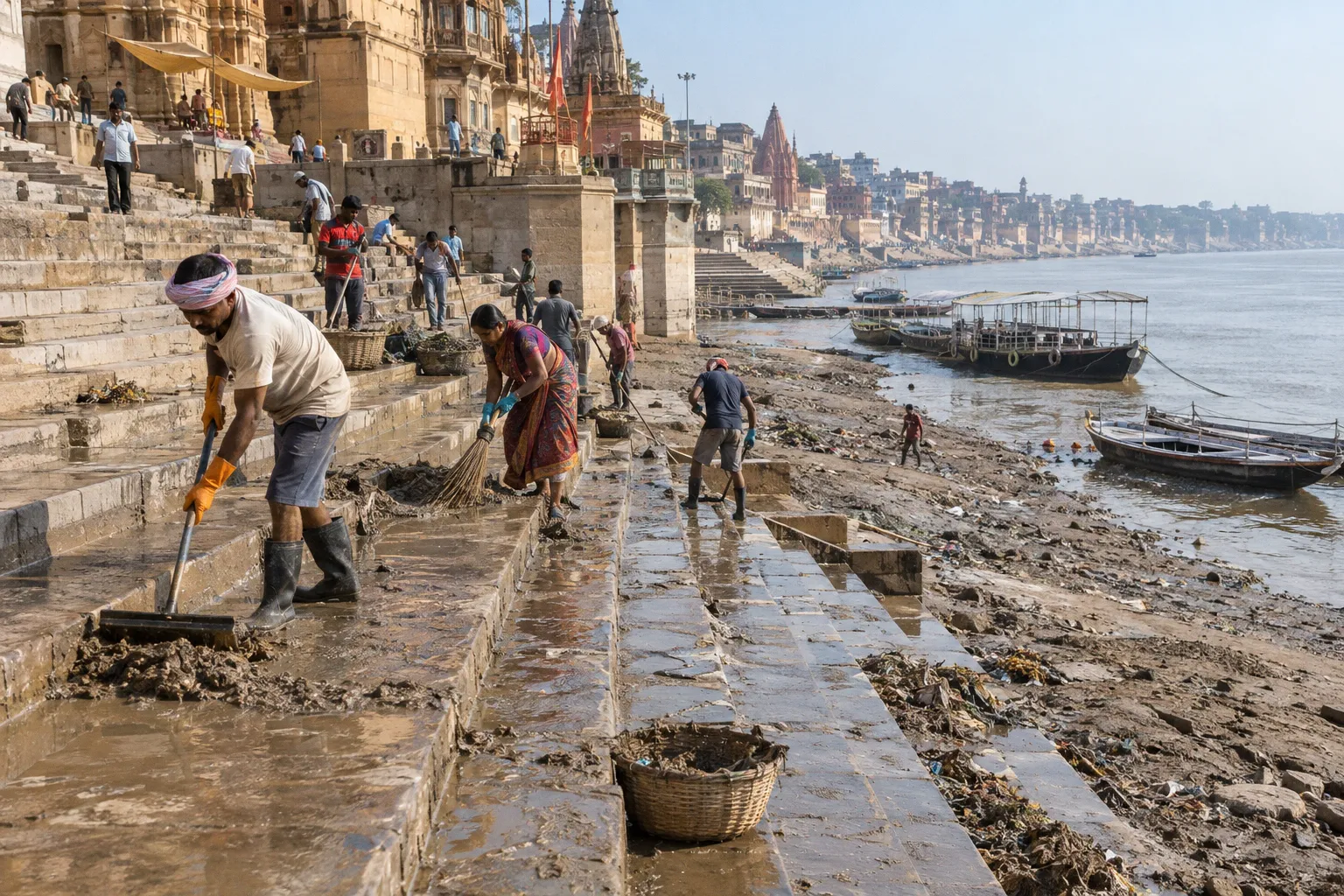 Varanasi Ghats Cleanup Underway as Ganga Recedes Below Danger Mark